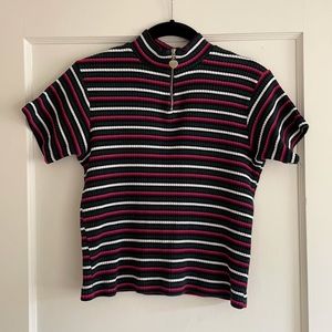 Vintage 80s Ribbed Striped Mock Neck Heart Zipper Tee